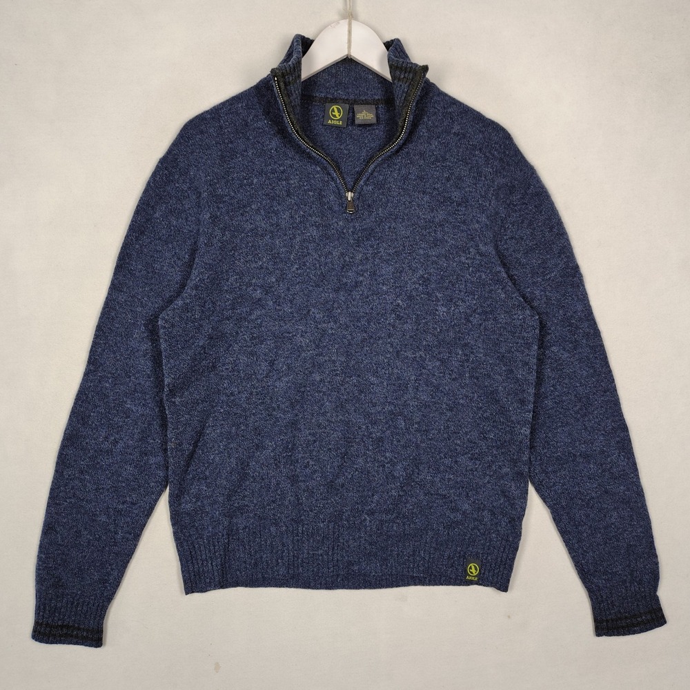 Aigle Mens Lambswool Quarter Zip Sweater Blue Heather Mock Neck Large RN 58303